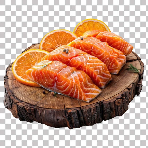 3D-Asset-Lachsfilet auf einem rustikalen Holzschneidbrett mit isoliertem Hintergrund