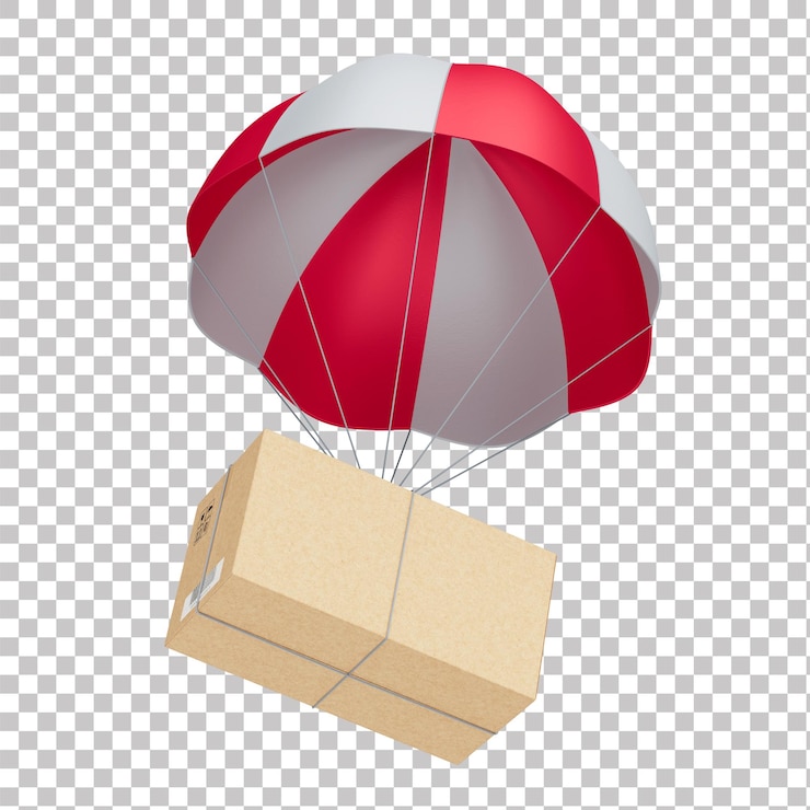 PSD 3d-asset realistischer kartonkasten mit rotem und weißem fallschirm für die logistik mit transparenter rückseite