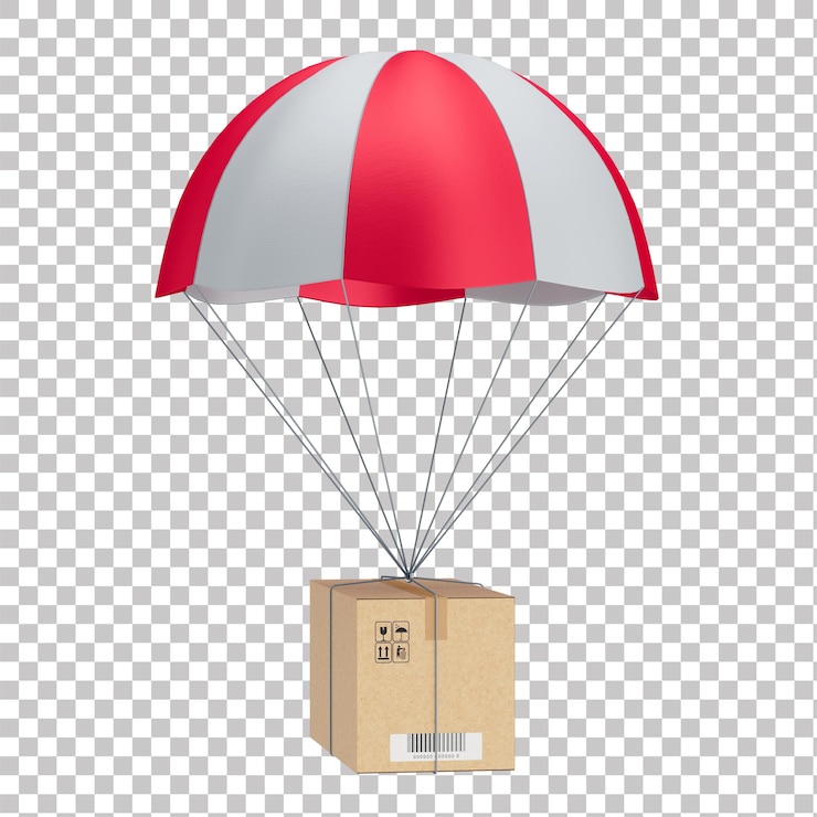 PSD 3d-asset realistischer kartonkasten mit rotem und weißem fallschirm für die logistik mit transparenter rückseite