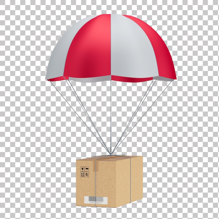 PSD 3d-asset realistischer kartonkasten mit rotem und weißem fallschirm für die logistik mit transparenter rückseite
