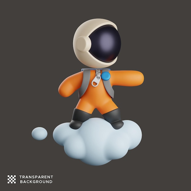 3d-astronaut, der auf einer wolke reitet, während er darauf steht, süß. maskottchen-illustration