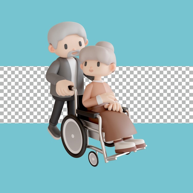 3D-Aufnahme einer älteren Frau, die in einem Rollstuhl sitzt und von ihrem Partner durchsichtig geschoben wird