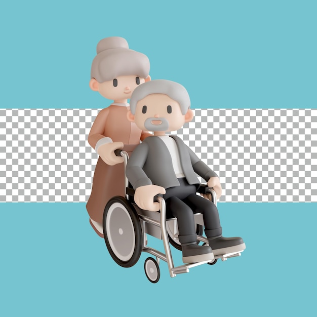 3D-Aufnahme eines älteren Mannes, der in einem Rollstuhl sitzt und von seinem Partner durchsichtig geschoben wird