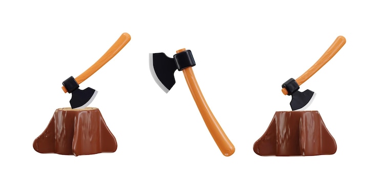 PSD 3d axe with stump icon set concept of manual tool for chop wood ax steel build cut equipment icon
