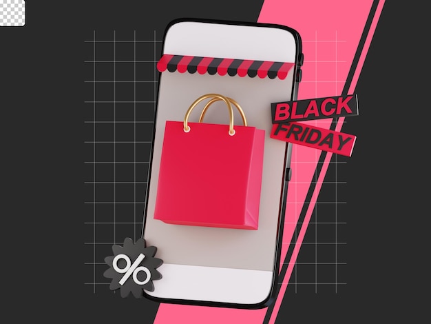 3d back friday icon compras en línea con handphone