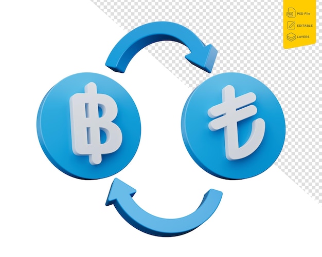 PSD 3d baht blanco y símbolo de lira en íconos azules redondeados con flechas de cambio de dinero ilustración 3d