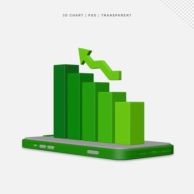 PSD 3d-balkendiagramm kommt aus dem mobiltelefon heraus, transparent, ohne hintergrund