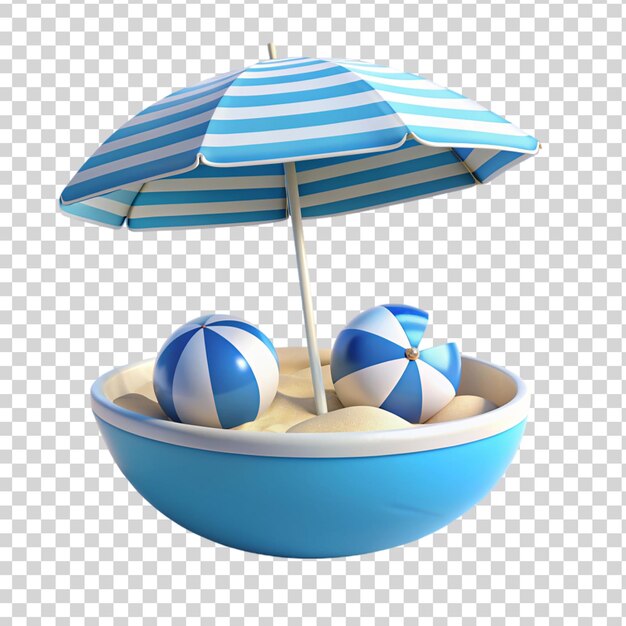 PSD 3d balón de playa paraguas azul y blanco despojado aislado en fondo transparente