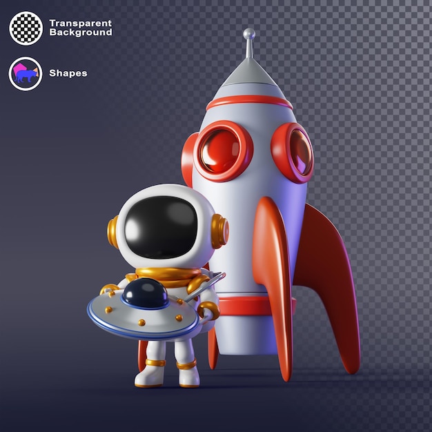 3D bambino carino astronauta e razzo nello spazio personaggio spaziale cartone animato che tiene giocattolo alieno nave spaziale UFO sullo sfondo del cielo scuro Render cosmonauta in abito e casco con disco volante