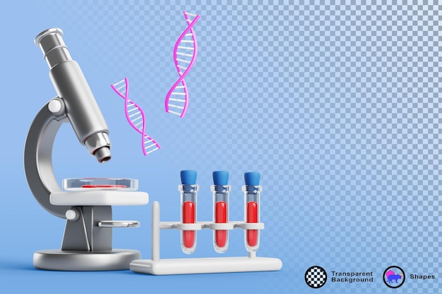 3d bandeira de engenharia genética Microscópio com amostra de sangue DNA hélice rack de tubo de ensaio Laboratório de pesquisa científica de biotecnologia Extração de genes a partir de manipulação e mutação do genoma celular