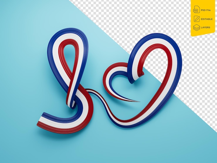 PSD 3d bandera de los países bajos en forma de corazón cinta de concienciación ondulada brillante en fondo azul ilustración 3d