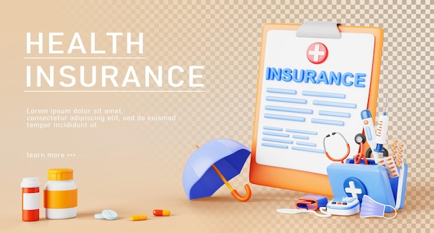 3d banner de seguro de salud Cuidado de la salud concepto de protección médica personal Render clipboard con formulario de reclamación paraguas bolsa de medicamentos de primeros auxilios estetoscopio jeringa farmacia medicamentos