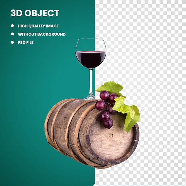 3d Barrel en bois brun et verre à vin Vin rouge Vin blanc Champagne Brandy