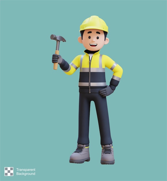 3D-Bauarbeiter, der einen Hammer in einer selbstbewussten Pose hält