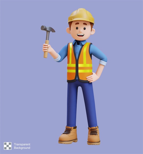 3D-Bauarbeiter, der einen Hammer in einer selbstbewussten Pose hält