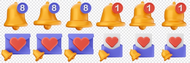 3D-Benachrichtigung E-Mail Benachrichtigung Warnung Aufmerksamkeit Anwendung Glocke Alarm Erinnerung Symbol Set Bundel Illustration