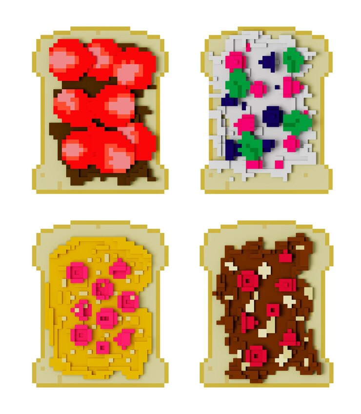 PSD 3d berry toasts set 3d pixel toast png retro game pixel food collection doce pequeno-almoço pixel art