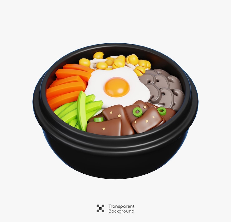 PSD 3d bibimbap koreanischer stil von gemischtem gemüse und rindfleisch reis isoliert gourmet-food-ikonen 3d-rendering