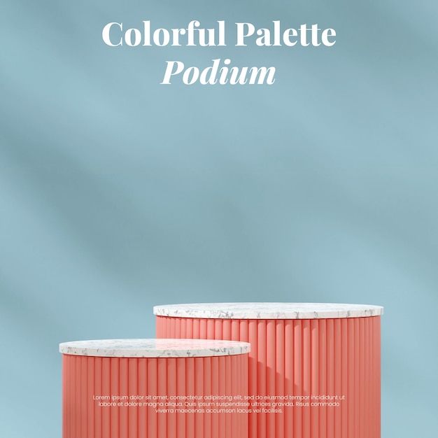 3D-Bild Render-Szene Mockup aus weißem Marmor und rosa Podium im Quadrat mit hellblauer Wand