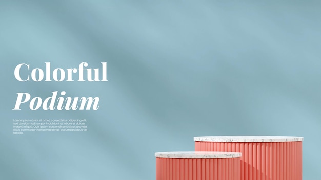 3D-Bild Render-Szene Mockup aus weißem Marmor und rosa Podium in Landschaft mit hellblauer Wand