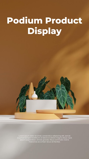 3D-Bild-Rendering leere Szene orangefarbene gekrümmte Zylinder Podium in Porträt Zylinder und Vase