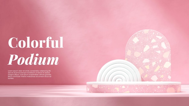 3D-Bild rendert leeren Raum weiß gekrümmtes Podium in Landschaft Terrazzo rosa Farbe Bogen Hintergrund