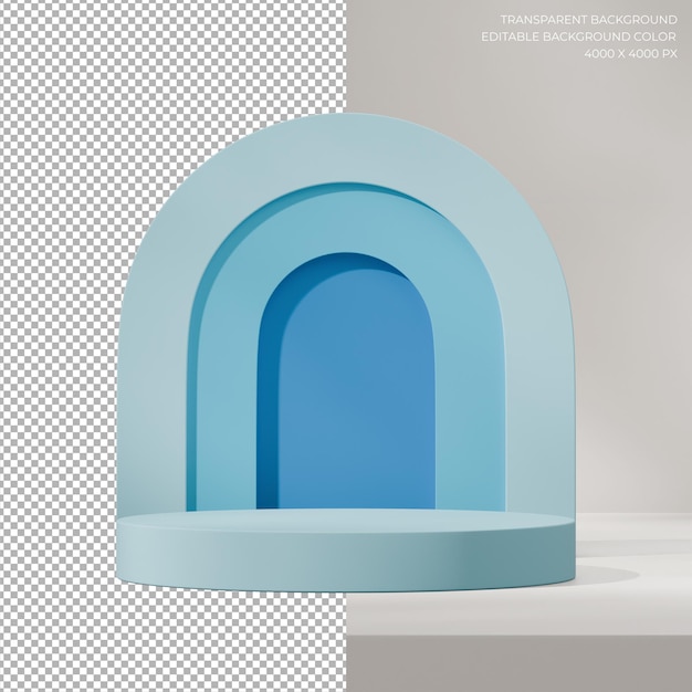 3D-Bild rendert transparenten Hintergrund von Cyan-Zylinder-Podium im Quadrat mit blauem Gradientenbogen