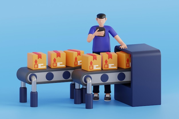 3D-Bild von Kartonkisten auf einem Beförderungsband