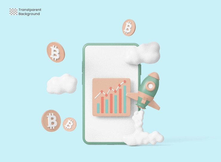 PSD 3d bitcoin a la luna concepto o compra. cohete de criptomonedas bitcoin despegando hacia la luna
