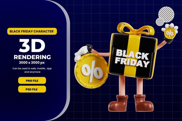 3d-black-friday-box-charakter mit premium-psd-rabattetikett