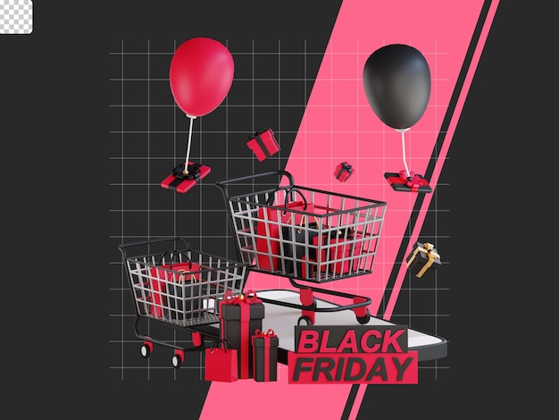 3d black friday illustration shopping sonderverkauf mit warenkorb geschenkbox und ballon