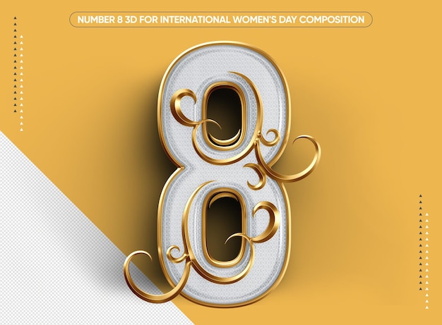 PSD 3d blanco y dorado número 8 para el día internacional de la mujer
