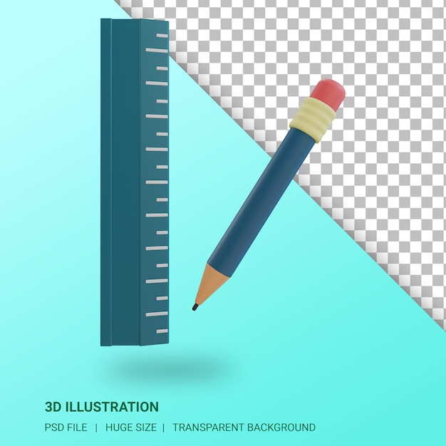 3D-Bleistift- und Linealillustration mit transparentem Hintergrund
