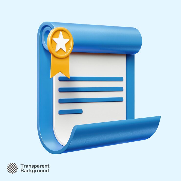 PSD 3d blue certificate with yellow ribbon