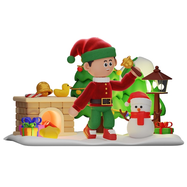 PSD 3d-boy-charakter weihnachten mit goldener glocke-position