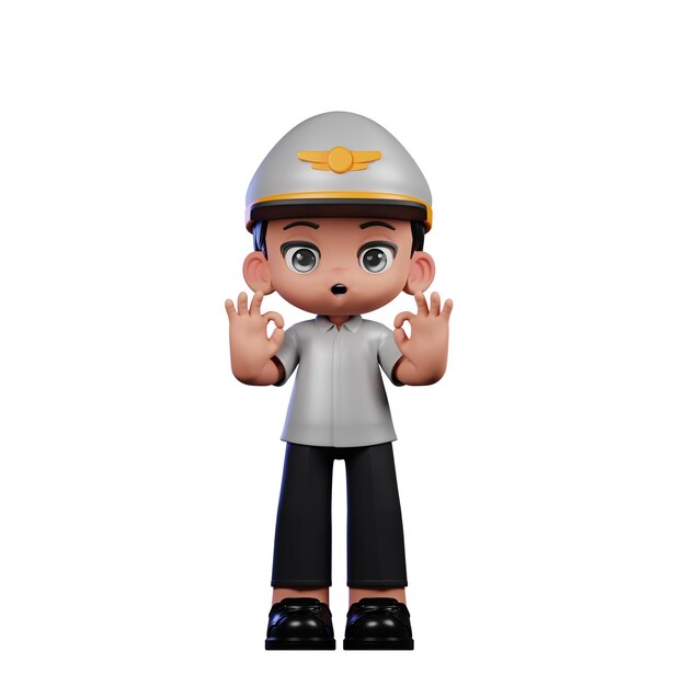 3d Boy Pilot che mostra Ok Sign Pose