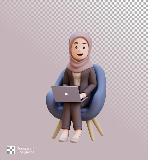 3D business muslim woman character is sitting in a chair with a laptop in front of her