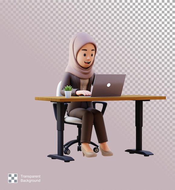 3D business muslim woman character is working on a laptop
