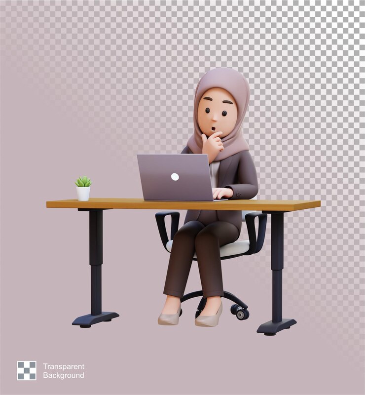 PSD 3d business muslim woman character working at a desk with a laptop