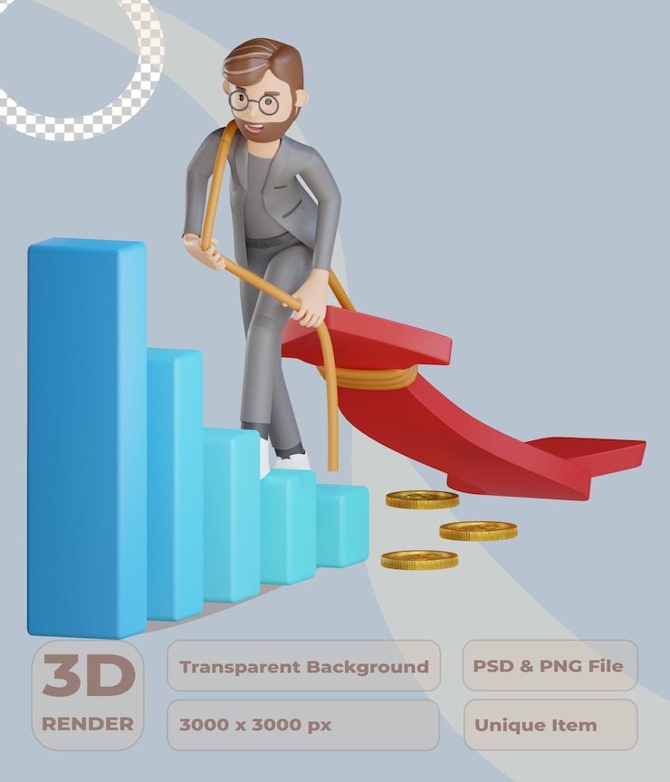 PSD 3d businessman character dragging finance