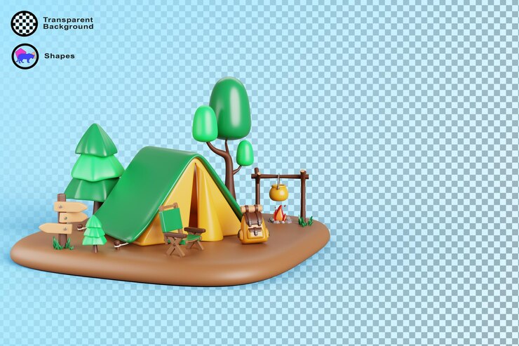 PSD 3d campamento de verano con fogata tienda de campaña silla de mochila en la isla en el bosque render de dibujos animados campamento con árboles signo bowler en el fuego equipo para viajes senderismo y vacaciones de actividad