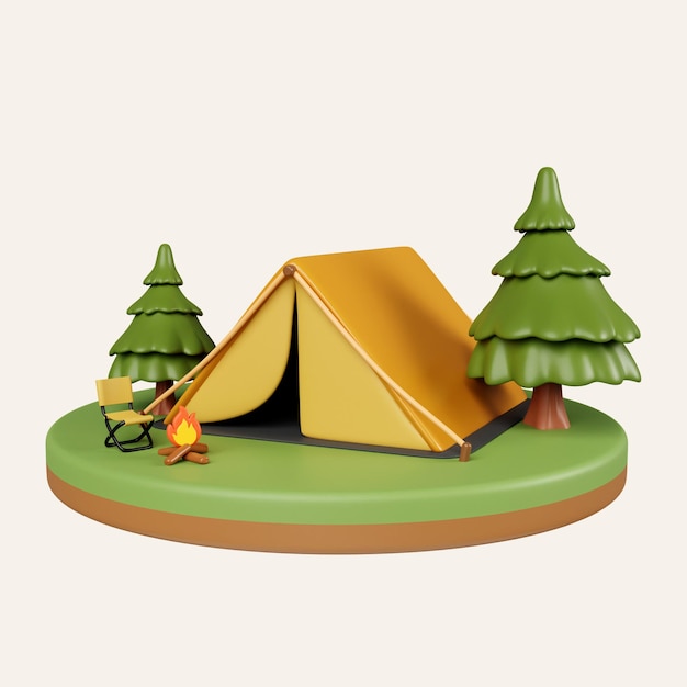 3d-Campingplatz in der Natur und Elemente für Camping Sommercamp Reisetrip Wanderung Icon isoliert auf weißem Hintergrund 3d-Rendering-Illustration Clipping-Pfad