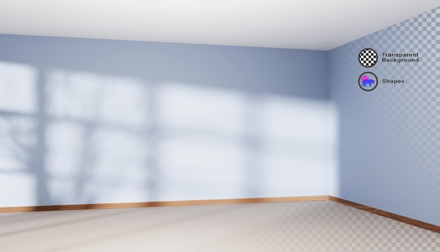3d canto de quarto vazio com luz solar Renderização realista da perspectiva interior da casa com parede pintada de azul, pedestal de madeira natural e chão bege, teto branco, maquete de escritório ou estúdio