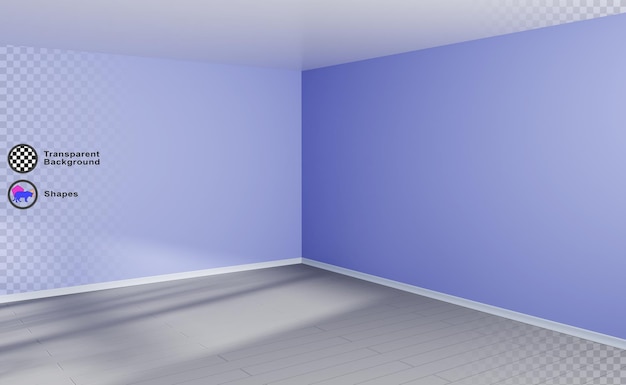 3d canto de sala vazia com luz e sombra de janela em fundo de parede azul render Perspectiva interior da casa com chão de madeira cinza teto branco Sala de estar moderna escritório ou estúdio