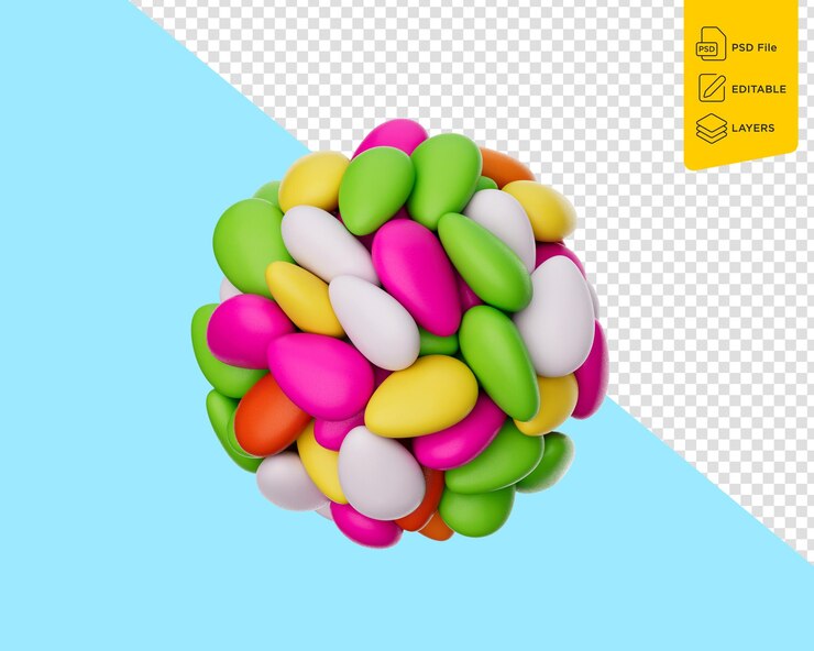 PSD 3d caramelos de almendras de colores bola de caramelo de almendras recubiertas de azúcar sobre fondo azul suave ilustración 3d