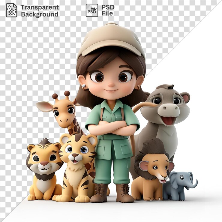PSD 3d caricatura de cuidador de zoológicos que cuida de animales exóticos, incluido un pequeño elefante gris, una jirafa marrón y un pequeño perro marrón mientras lleva un sombrero blanco y botas marrones.