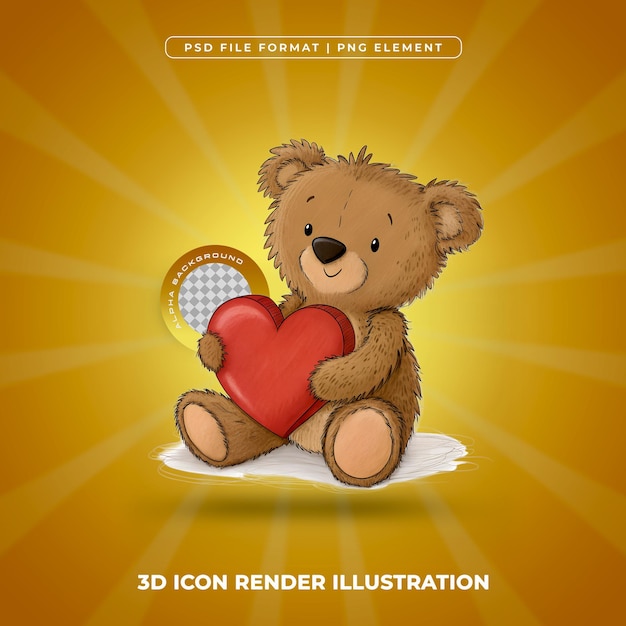 3D carino orsacchiotto con icona del cuore Render illustrazione