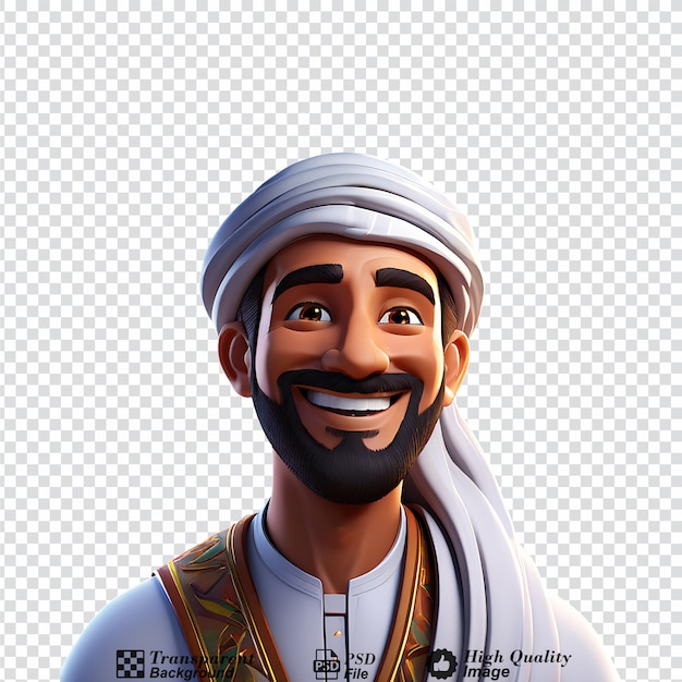 PSD 3d-cartoon arabischer mann lächelnder nahaufnahme halbkörper objekt isoliert auf durchsichtigem hintergrund