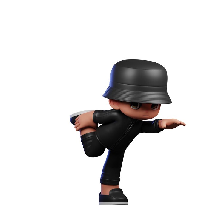 PSD 3d cartoon boy em um terno preto e chapéu agitando de pé uma perna pose