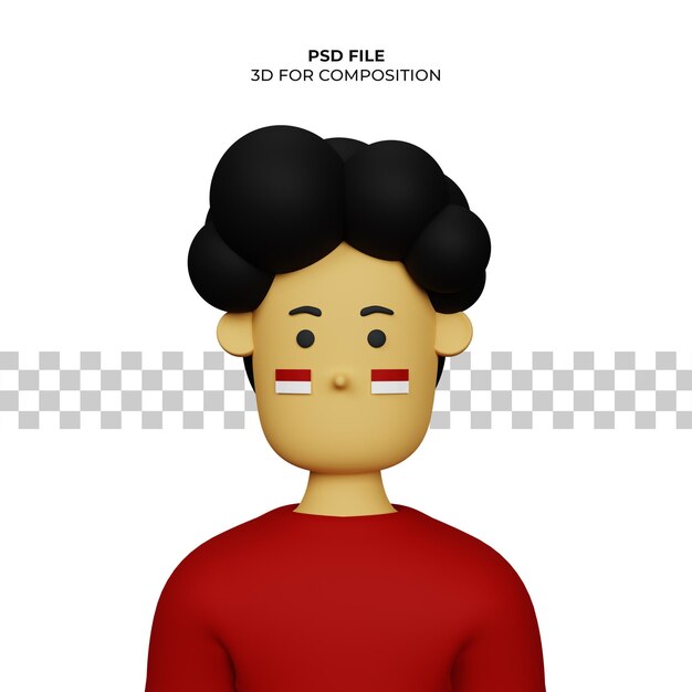 3D Cartoon character illustration with Indonesian flag on cheek Premium Psd